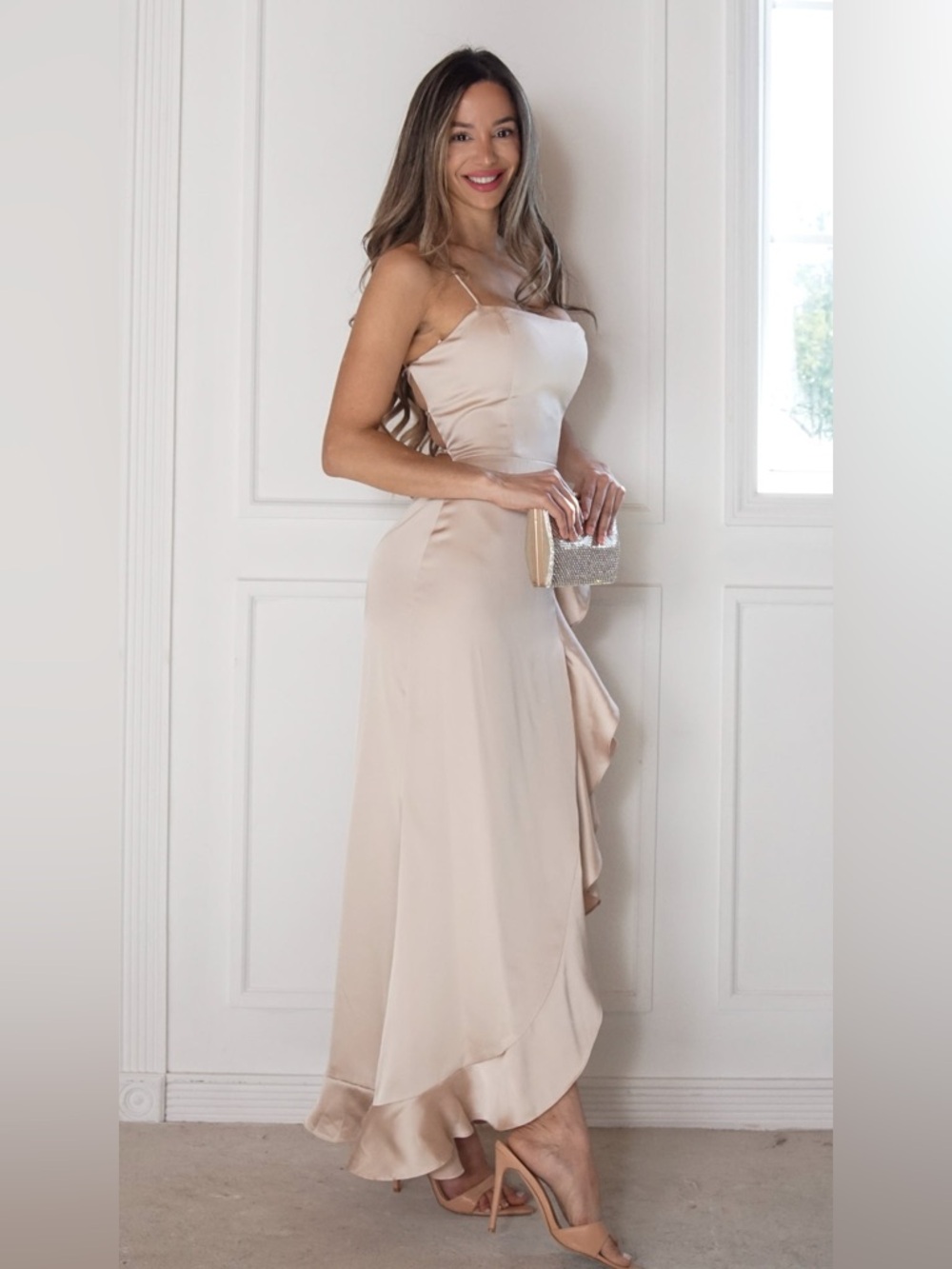 Dress Forum Champagne Satin Lace-Up Back Ruffle Maxi Dress Size M - Picture 9 of 16